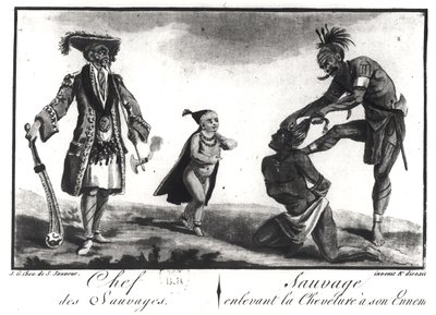 De leider van de wilden gekleed als een Europeaan, een kind en een wilde die zijn vijand scalpeert, uit 